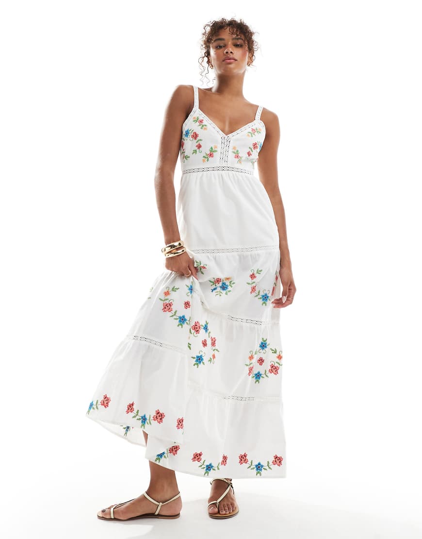 Embroidered heritage maxi dress in white-Multi