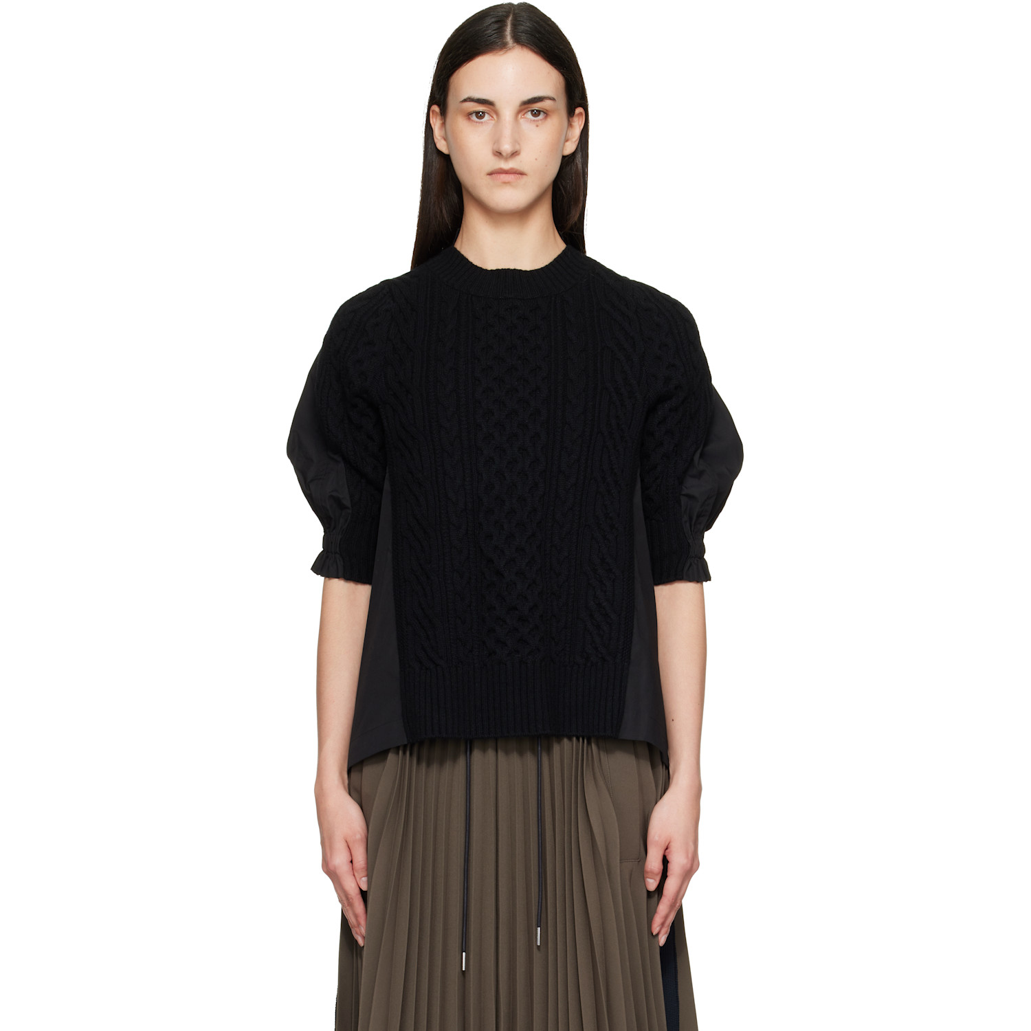 Black Wool Knit x Cotton Poplin Pullover Sweater