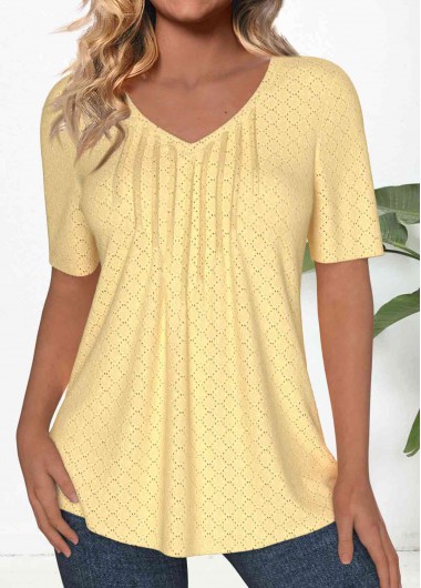Modlily Light Yellow Textured Fabric Short Sleeve T Shirt