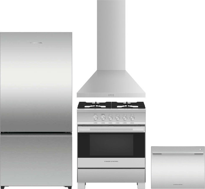 Fisher & Paykel 4 Piece Kitchen Appliances Package with Bottom Freezer Refrigerator, Gas Range and Dishwasher in Stainless Steel FPRERADWRH