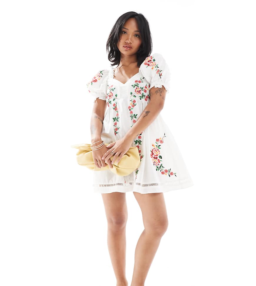 Embroidered mini babydoll dress-Multi