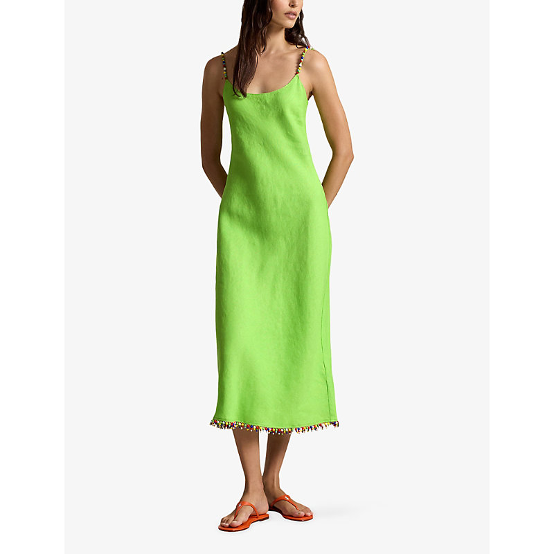 Womens Beaded-Trim Linen Slip Dress