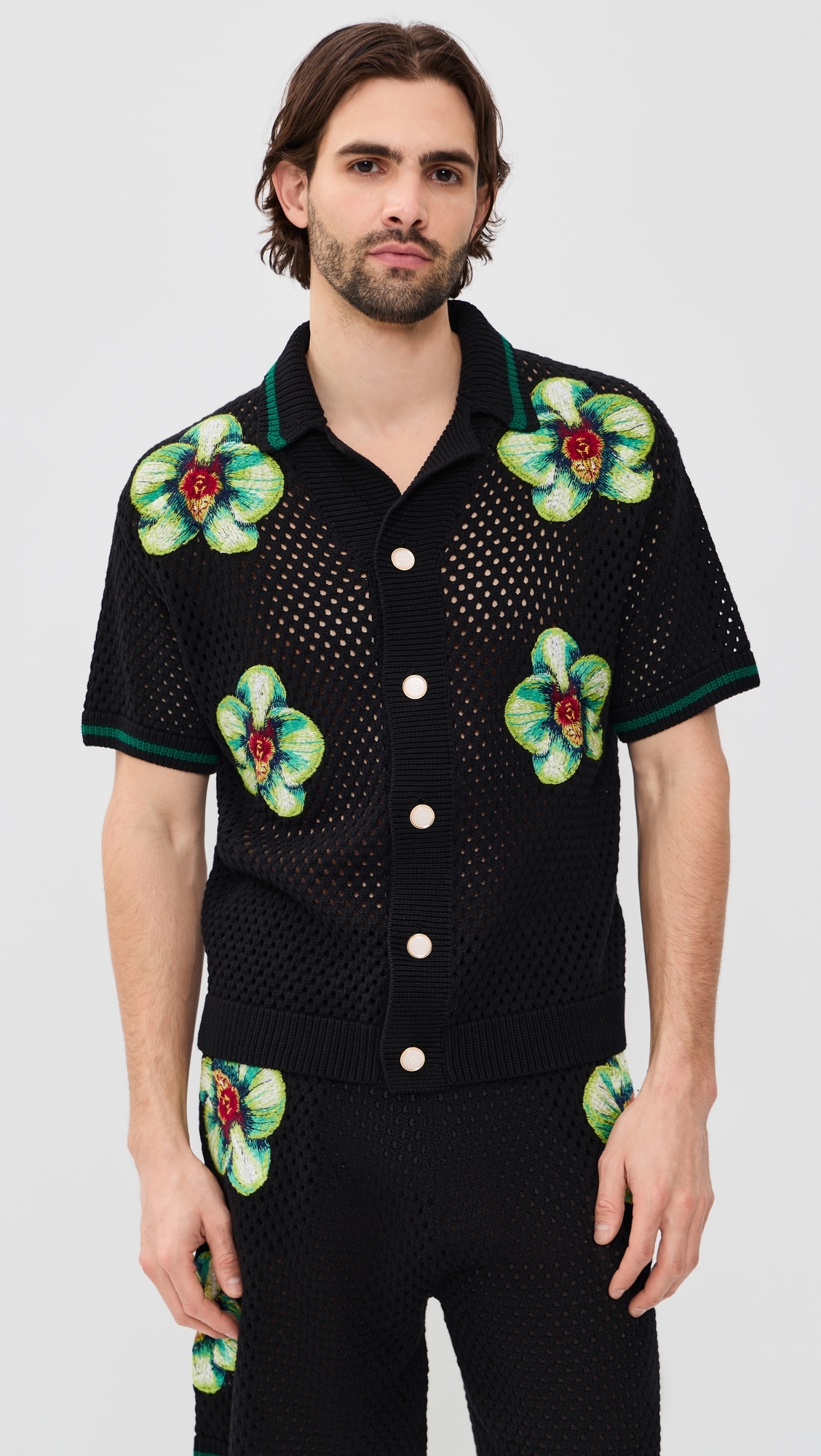 Glitch Orchid Embroidered Crochet Shirt Black