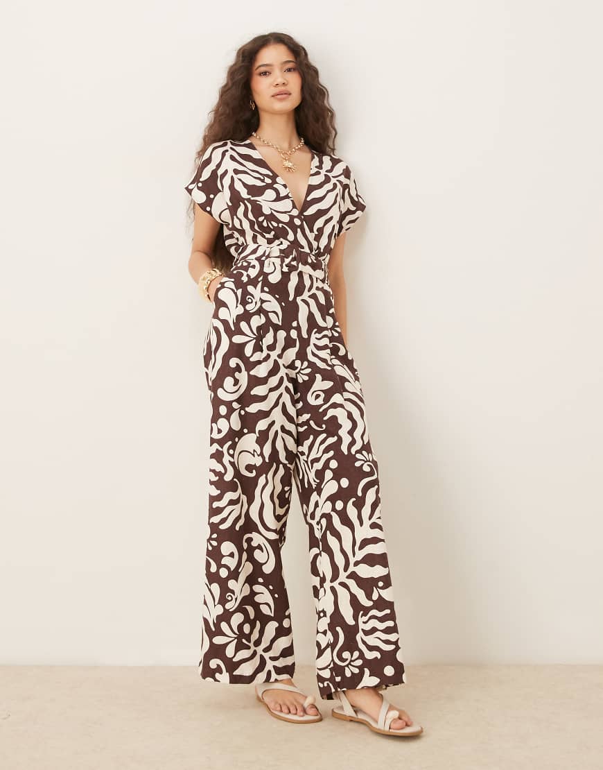 V neck belted jumpsuit in brown floral print