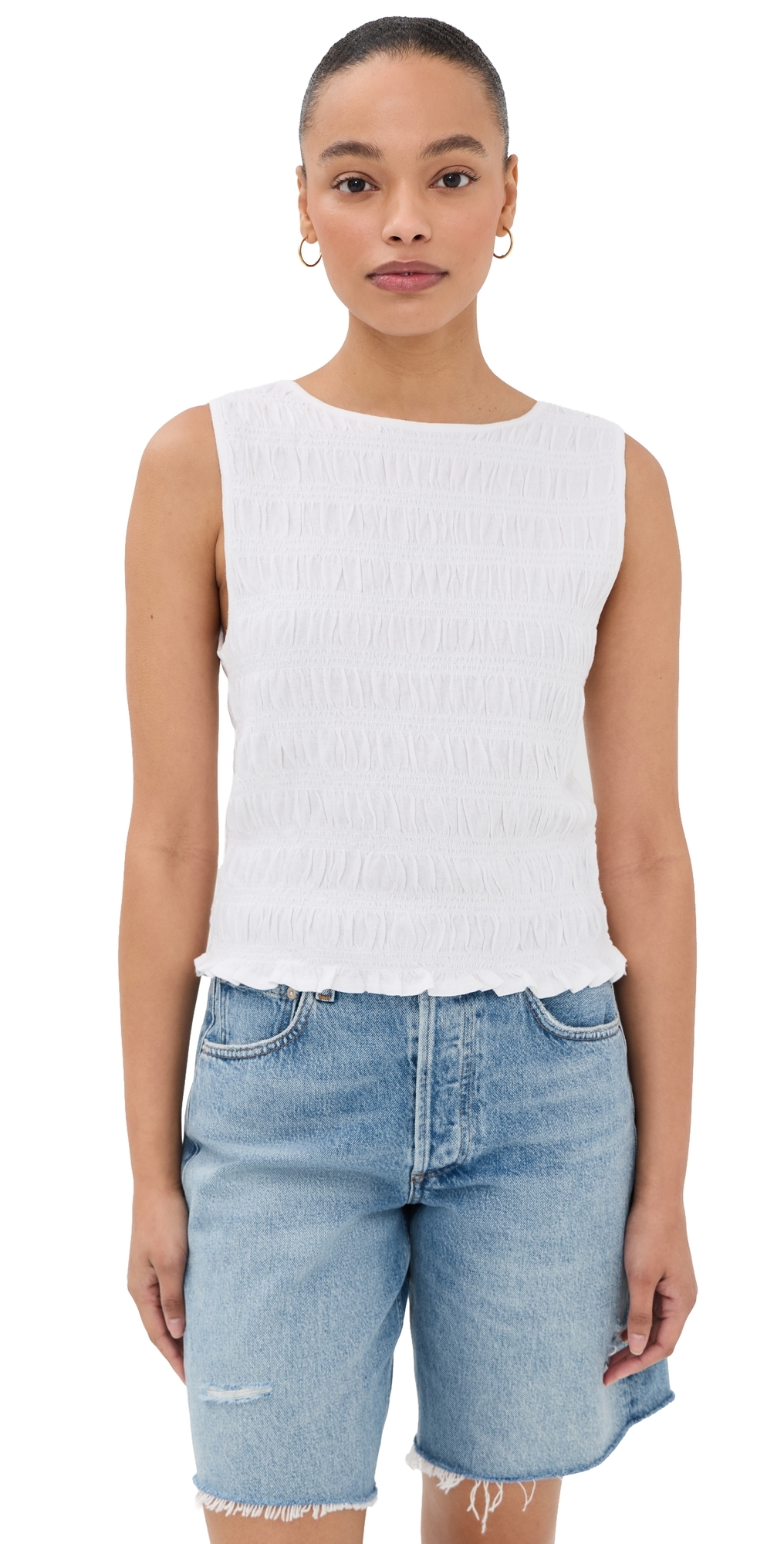 Smocked Boat Neck Tank White