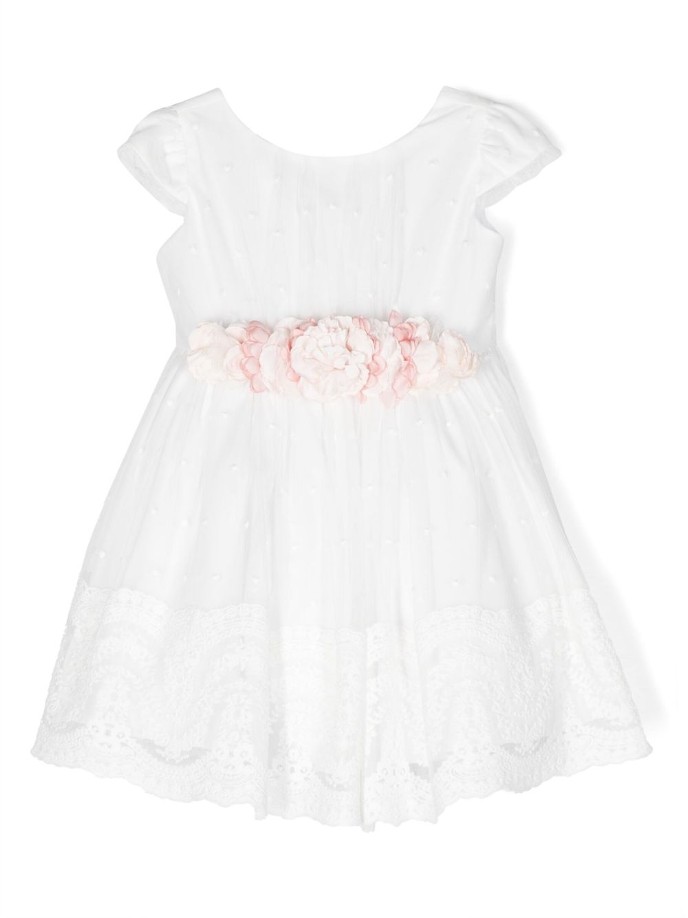 Lace belted flared dress - White