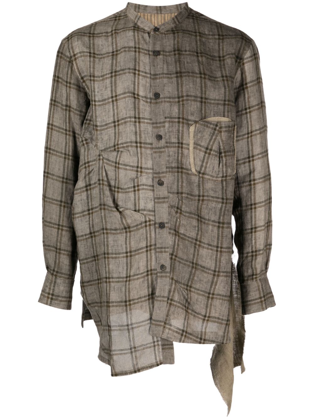 Check-pattern panelled linen shirt - Brown