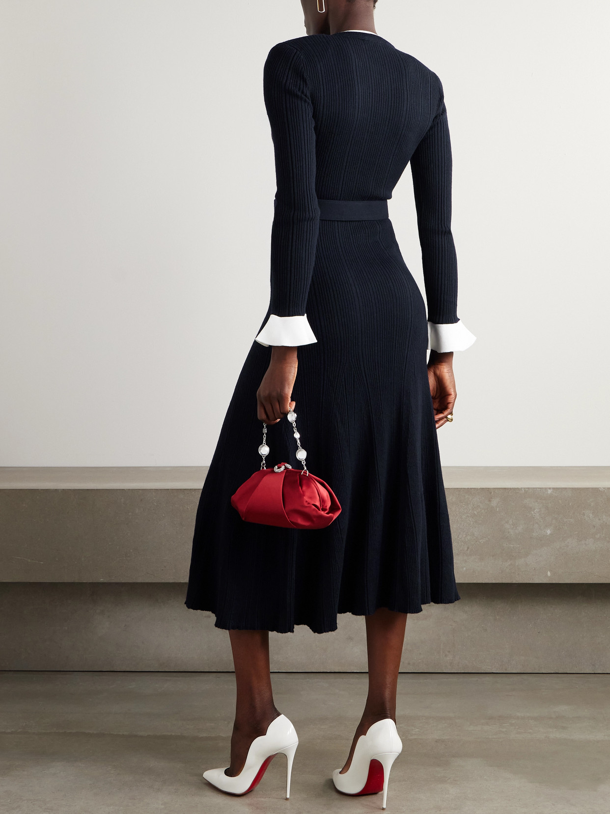 Belted Ribbed-knit Midi Dress - Blue