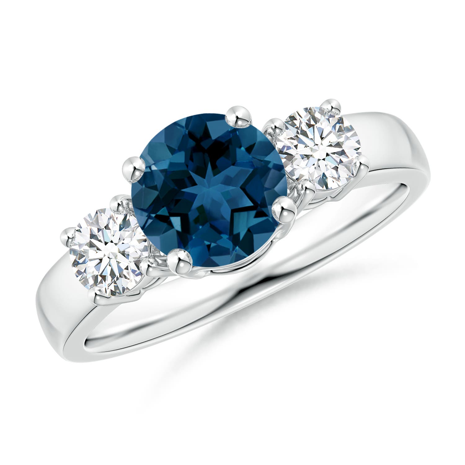 Angara 1.55 Carats Classic Round London Blue Topaz and Diamond Three Stone Engagement Ring in Platinum