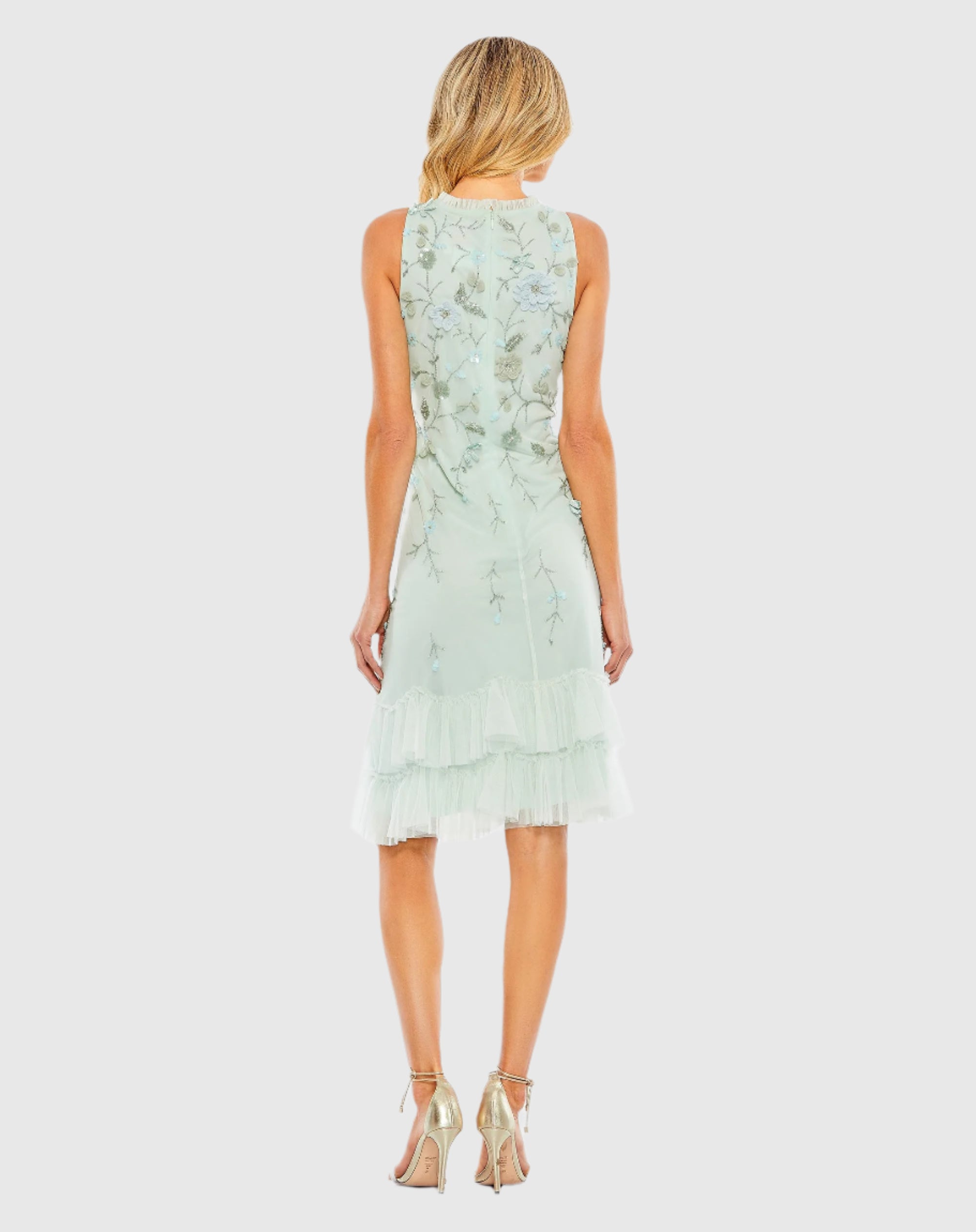 Floral Embellished Ruffle Tiered High Neck Dress In Light Green