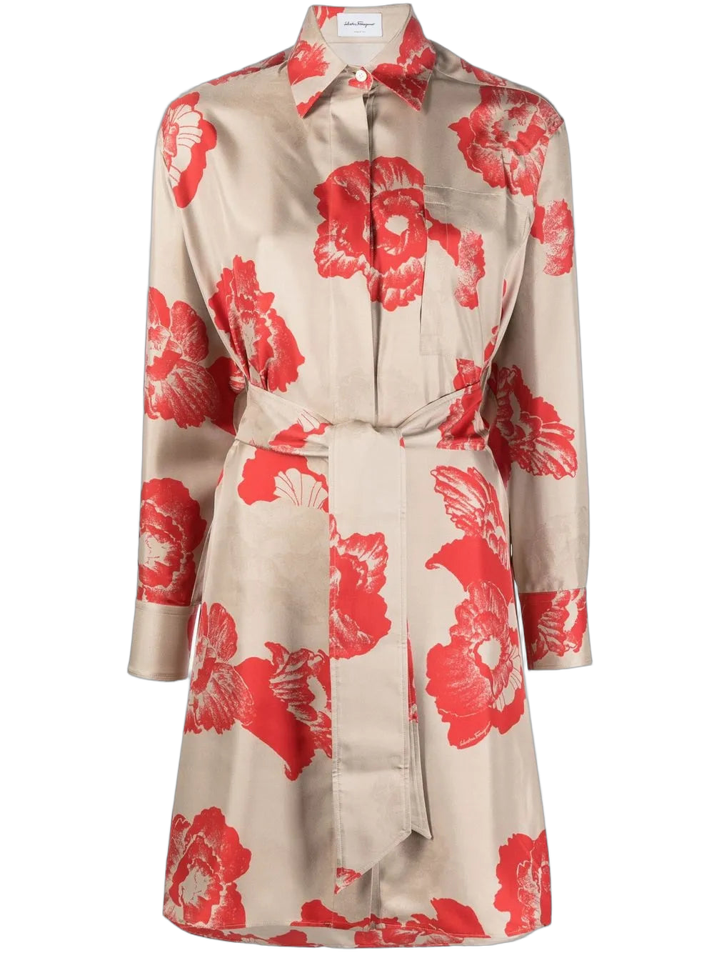 Floral Print Belted Shirt Dress — Red