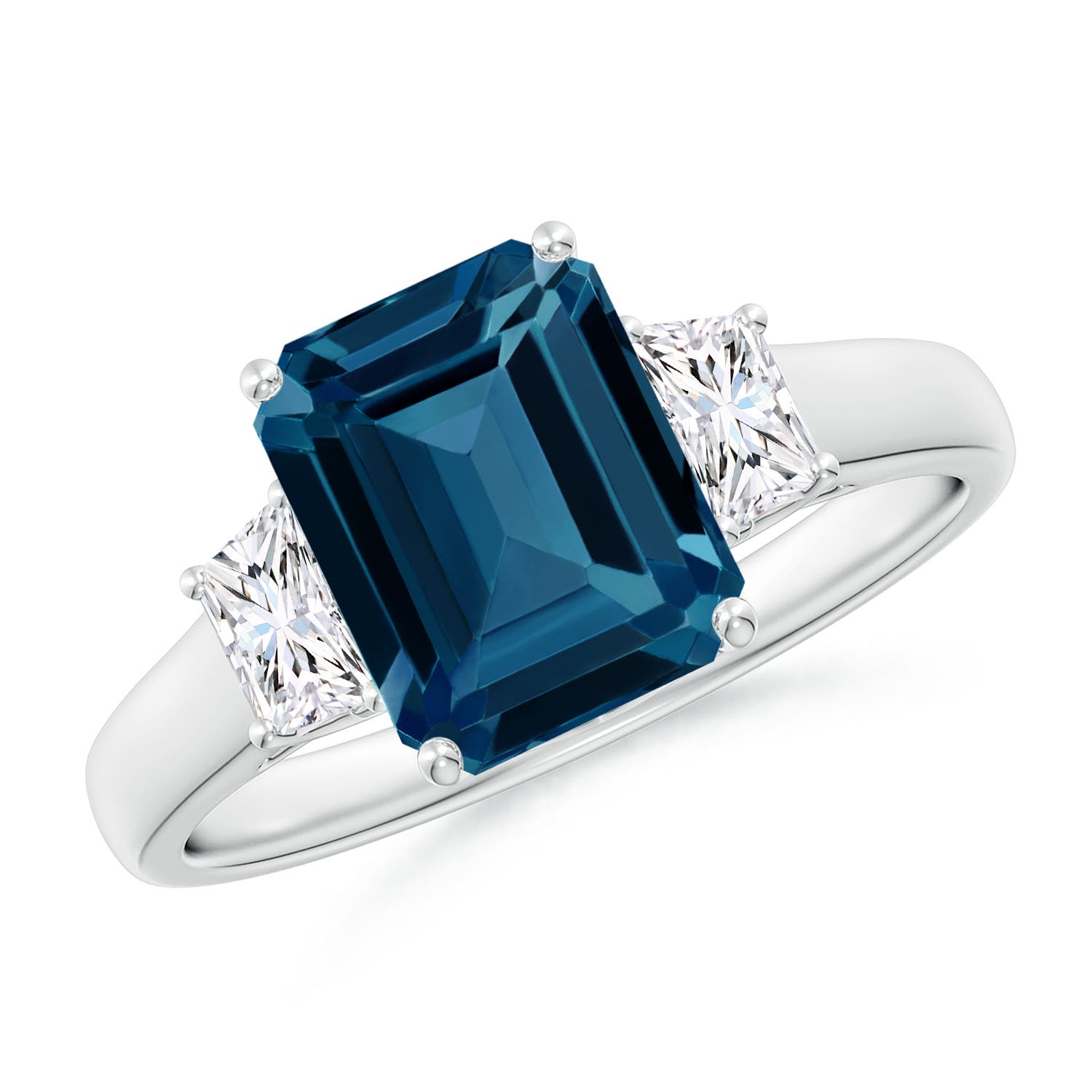 Angara 2.75 Carats Three Stone Emerald-Cut London Blue Topaz and Diamond Ring in Platinum