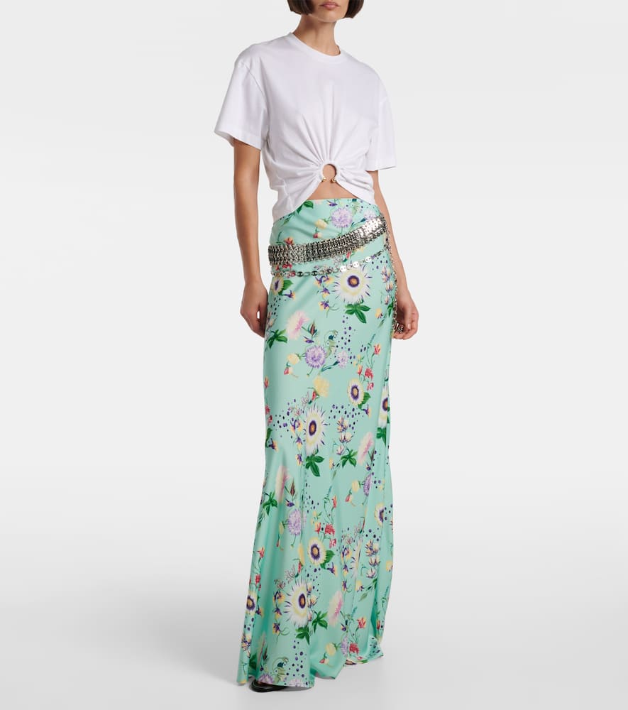 Chain-detail floral satin maxi skirt