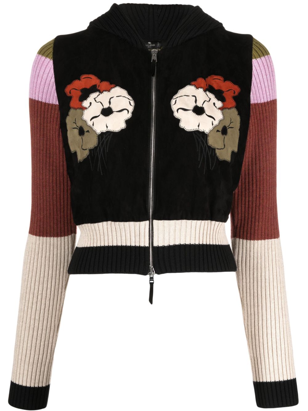 Floral-motif hooded wool cardigan - Brown