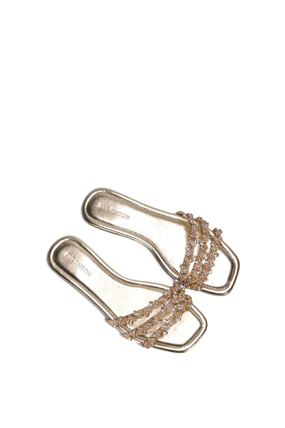 XY London Women's 'Hazel' Flat Diamante Slider Sandals w/ Square Toe in Metallic Gold