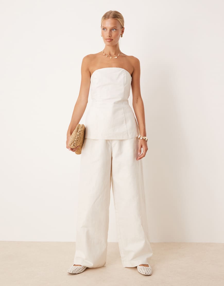 Heavyweight linen tailored wide leg trousers in coconut milk-White