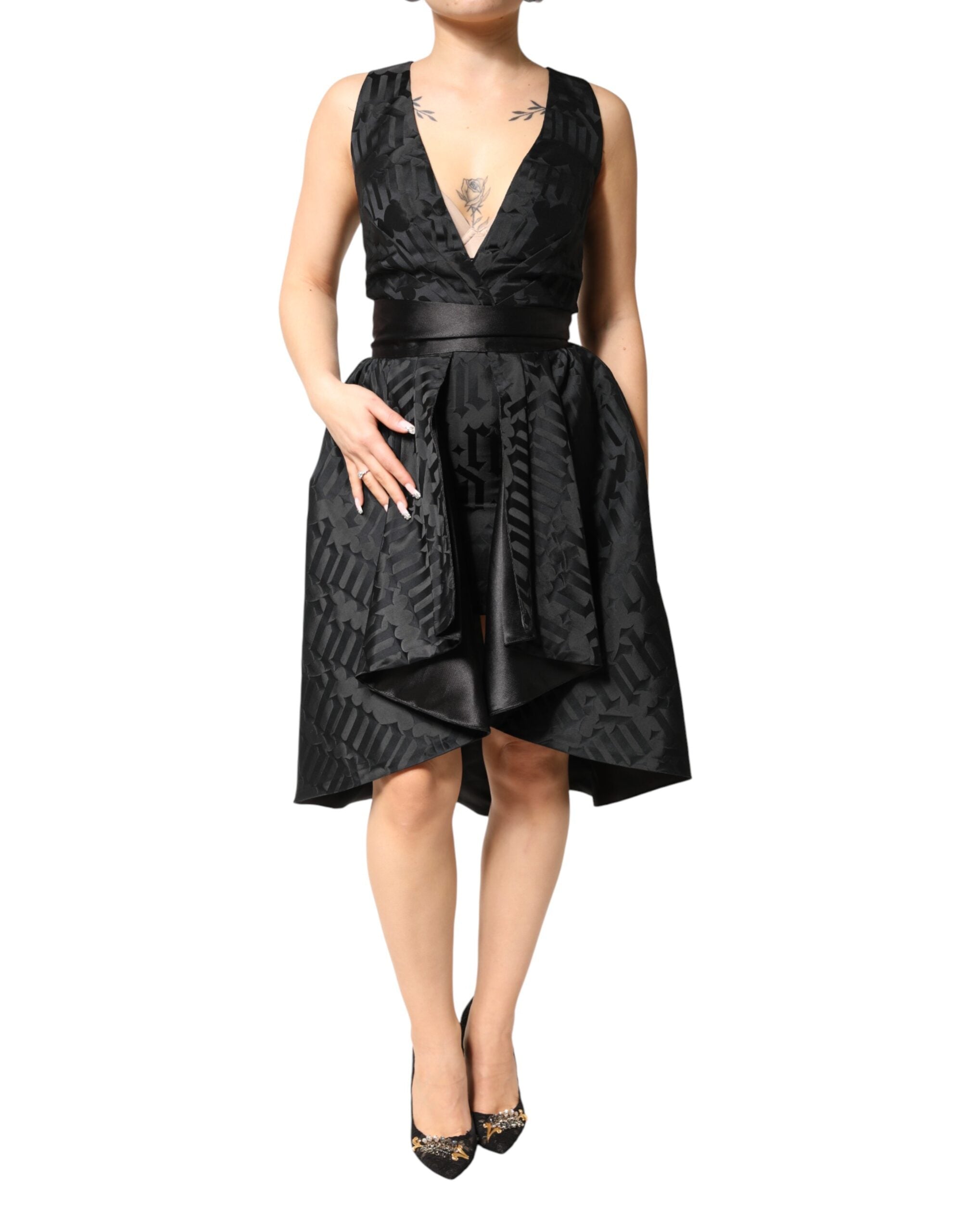 Jacquard Deep V-Neck Dress — Black