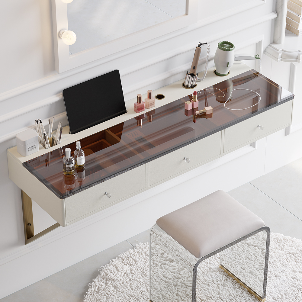 Modern Floating Makeup Vanity with Tempered Glass Top & Drawers Wall Mounted Beauty Station