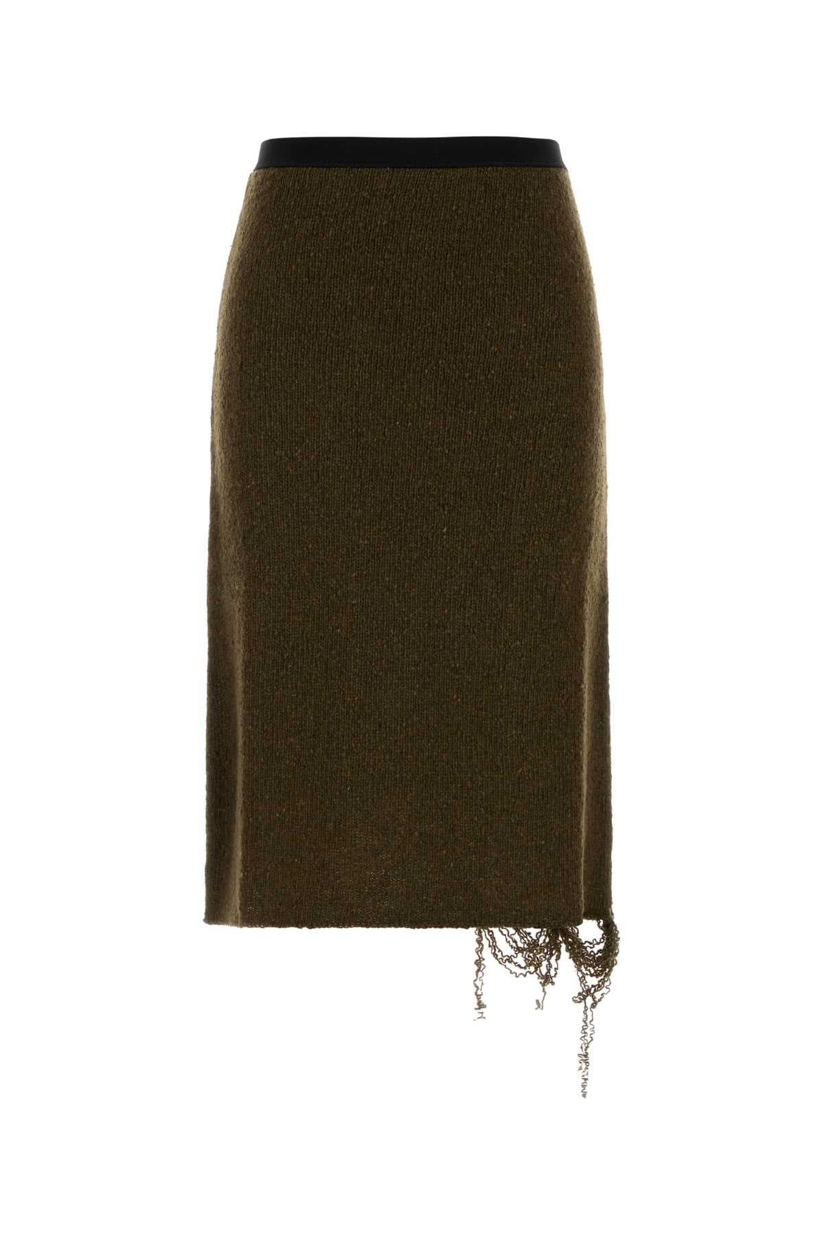 Distressed Wool-Blend Midi Skirt — Brown