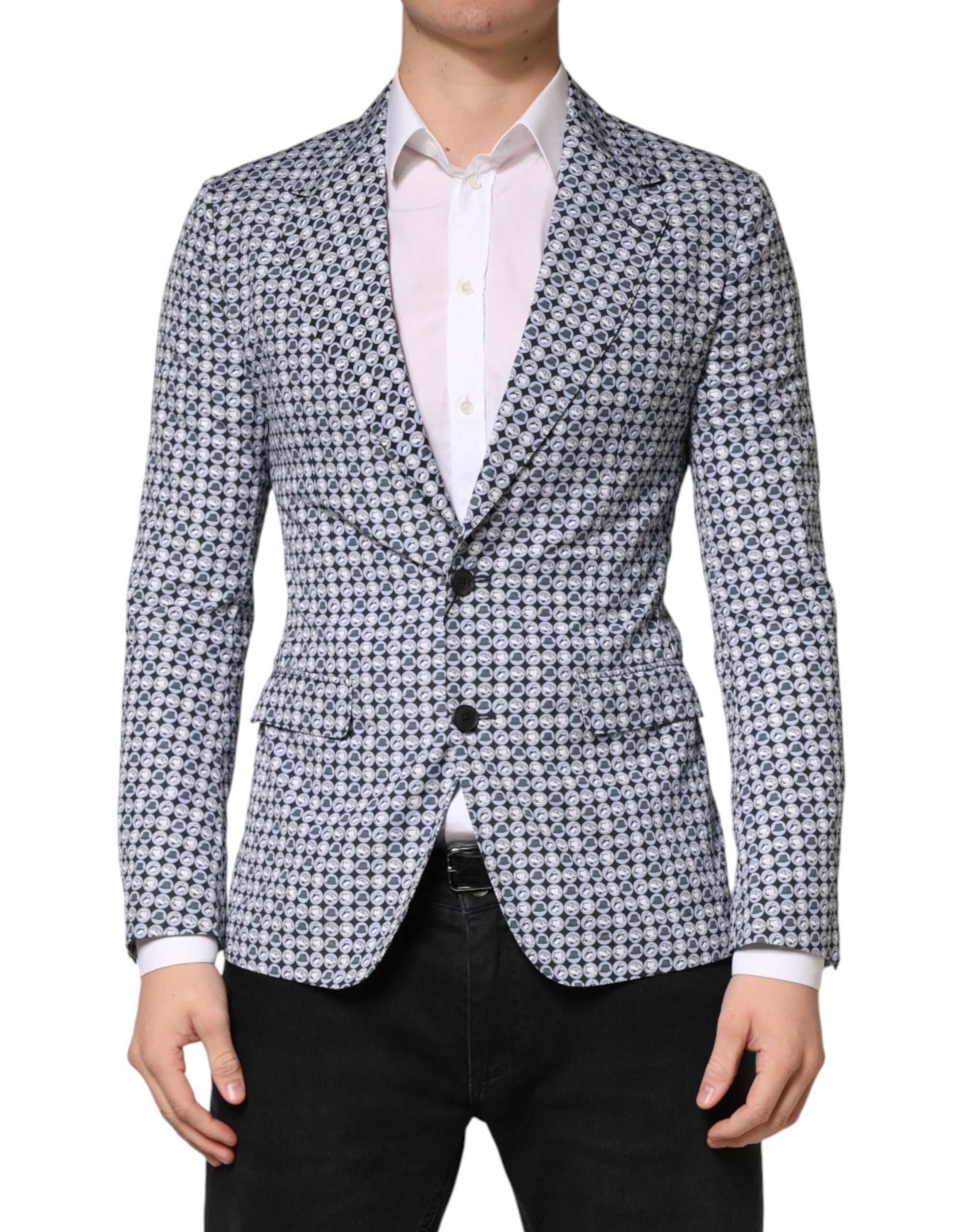Geometric-Patterned Cotton Blazer — Blue