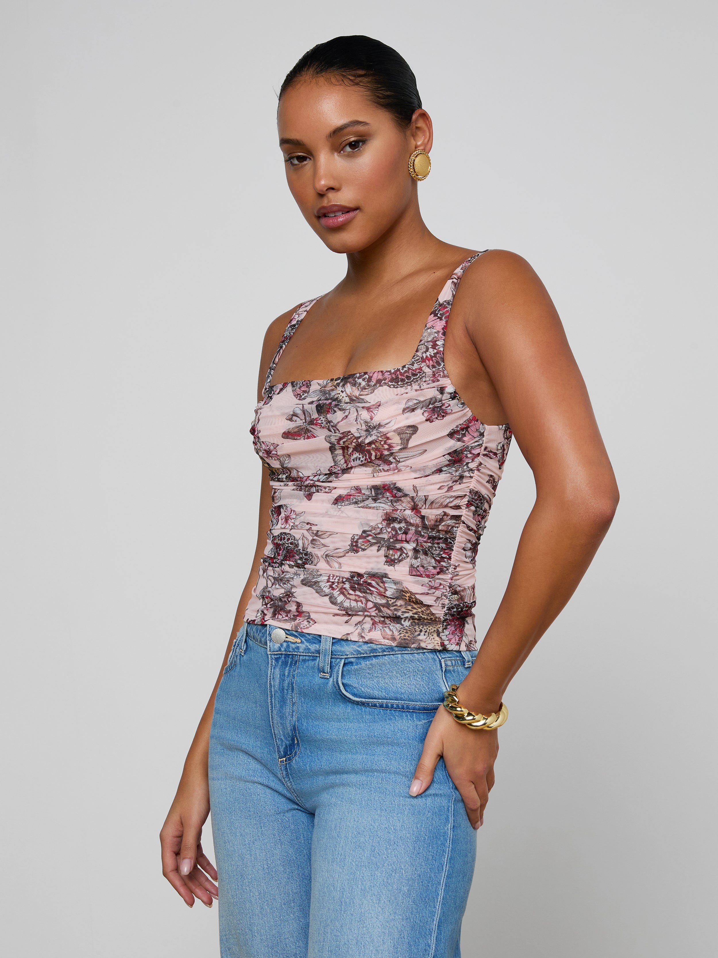 Rasha Shirred Mesh Tank Top In Light Nectar Pink Small Multi Butterfly Jungle