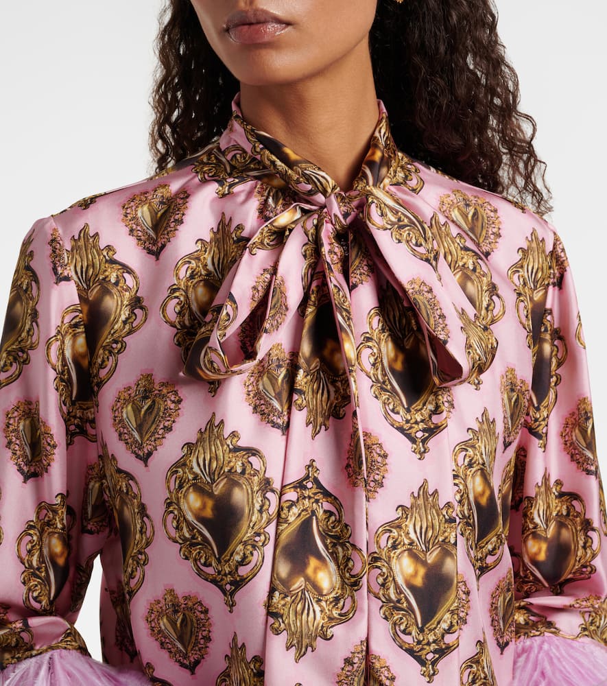Feather-trimmed printed silk blouse
