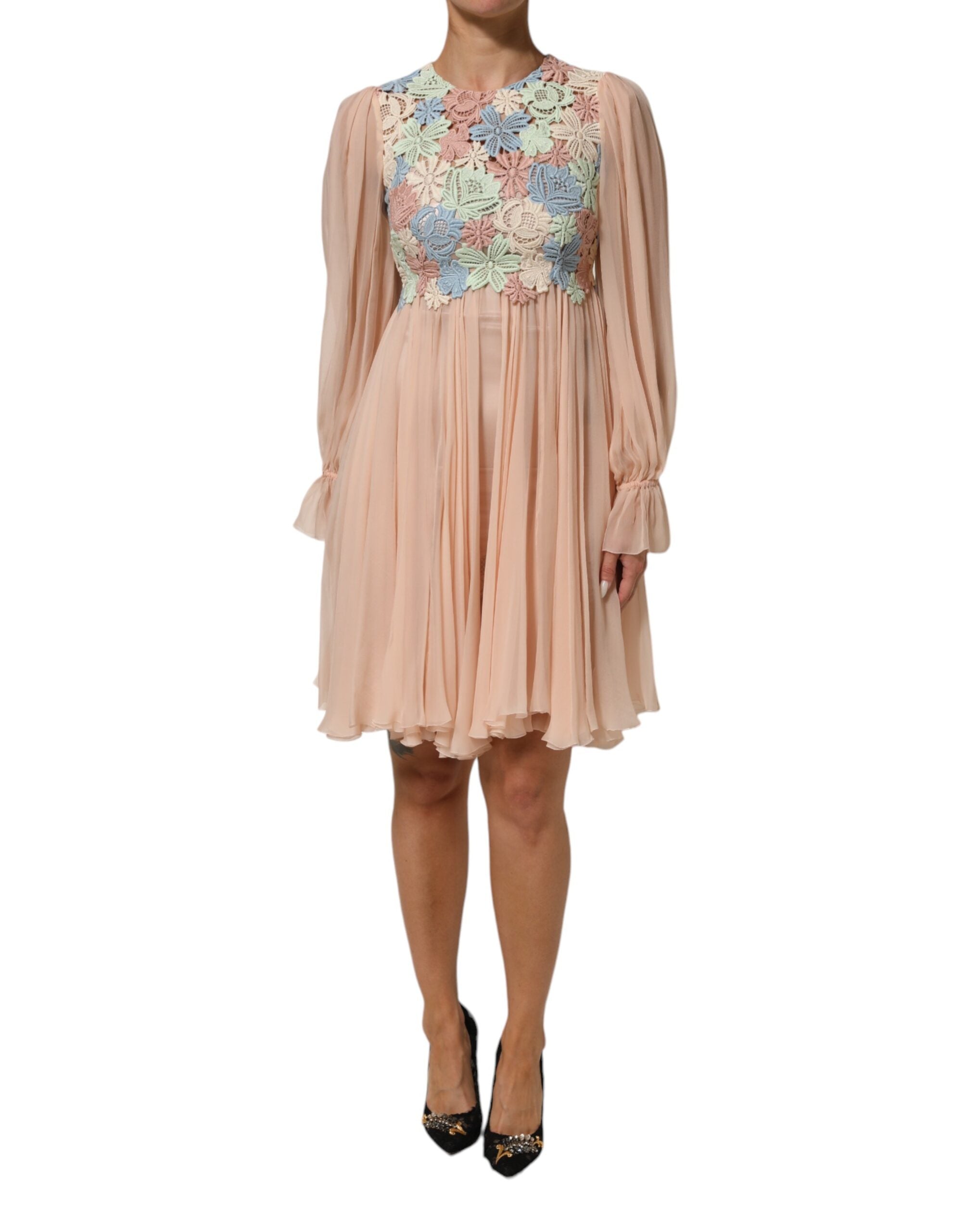 Floral Embroidery Pleated A-Line Dress — Pink