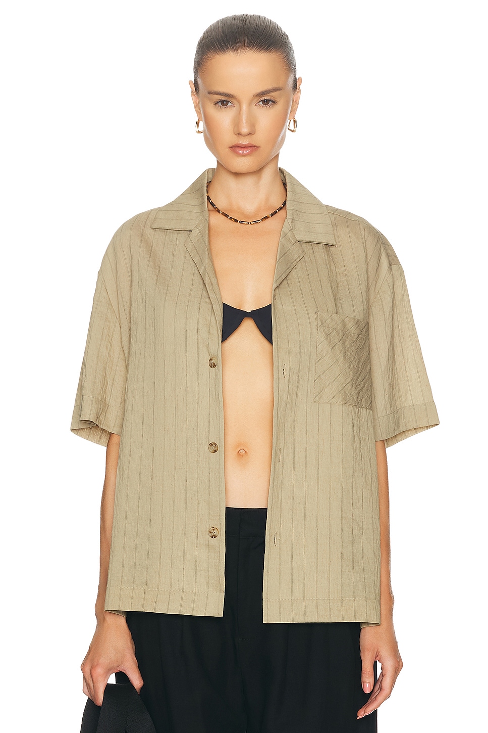 WAO Vertical Stripe Short Sleeve Shirt in Taupe & Black - Brown. M also in