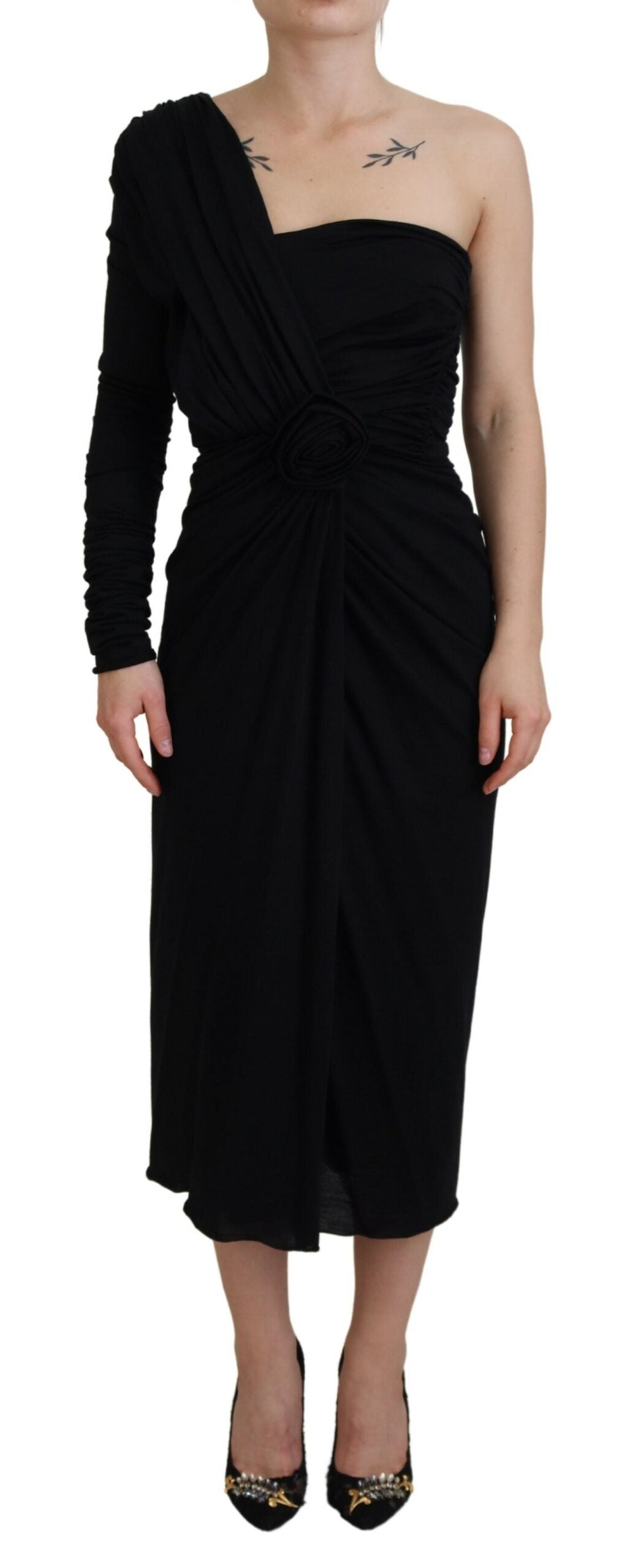 One-Shoulder Wool Wrap Dress — Black