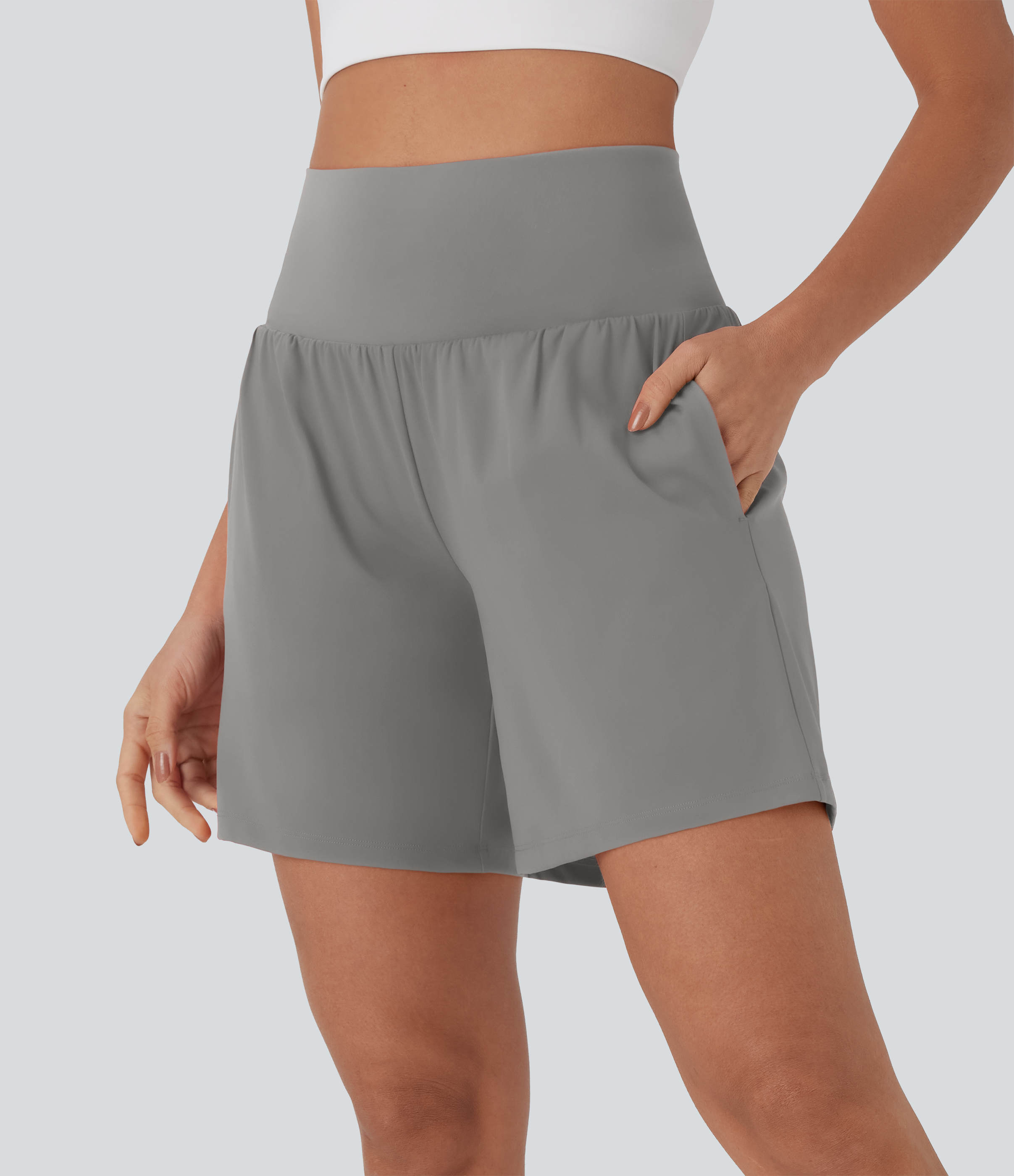 "Softlyzero™ Airy Super High Waisted 2-in-1 Cool Touch Yoga Shorts 7"" with Pockets Gym Short - Steeple Gray