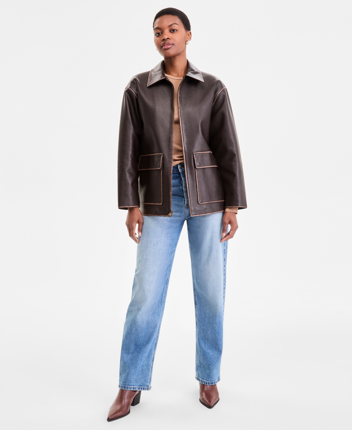 Women's Zip-Front Faux-Leather Coat - Brown