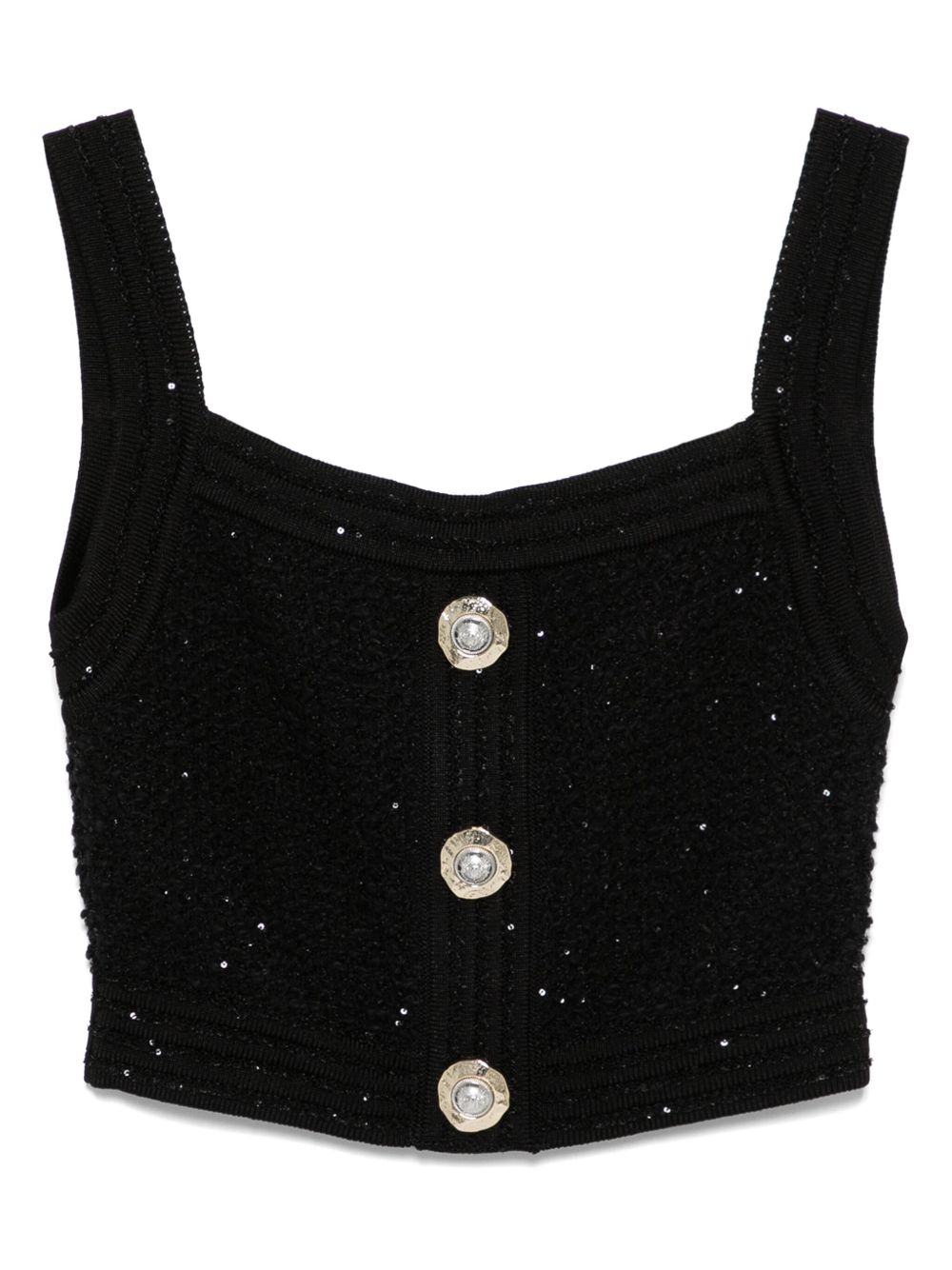 Sequin-Embellished Tweed Tank Top — Black