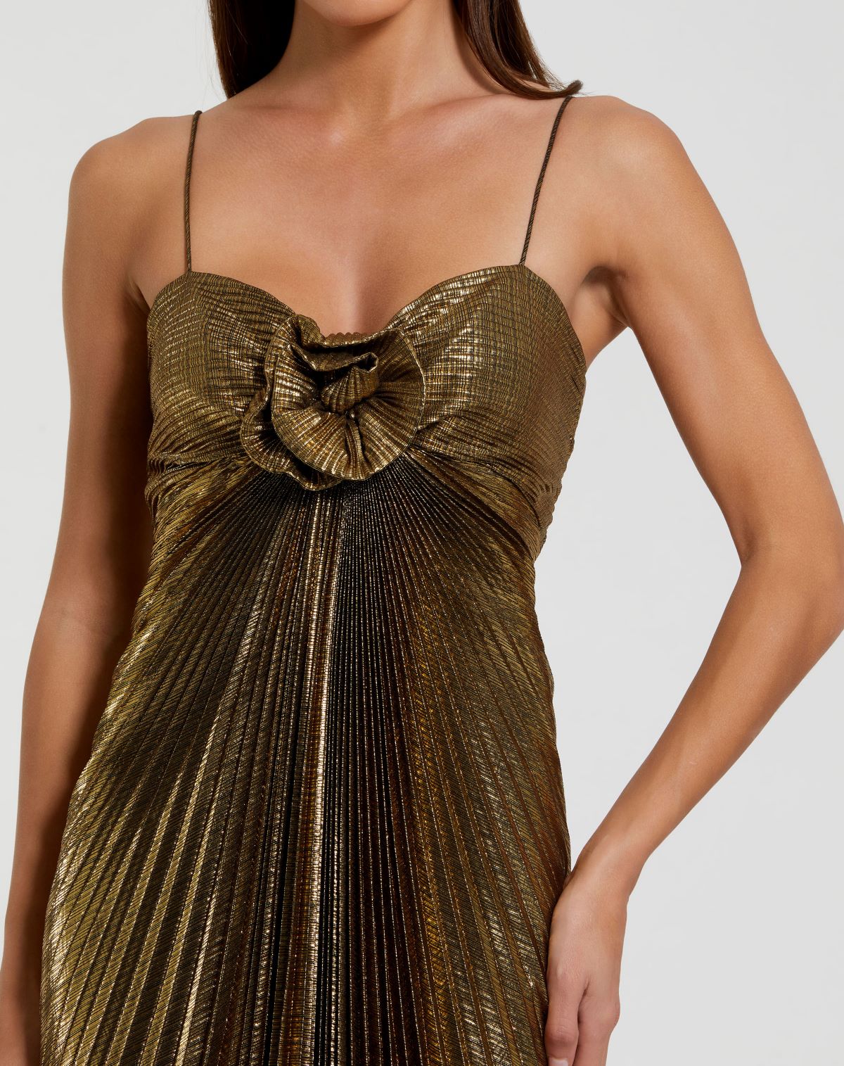 Thin Strap Pleated Metallic Maxi Gown with 3D Flower Antique Gold