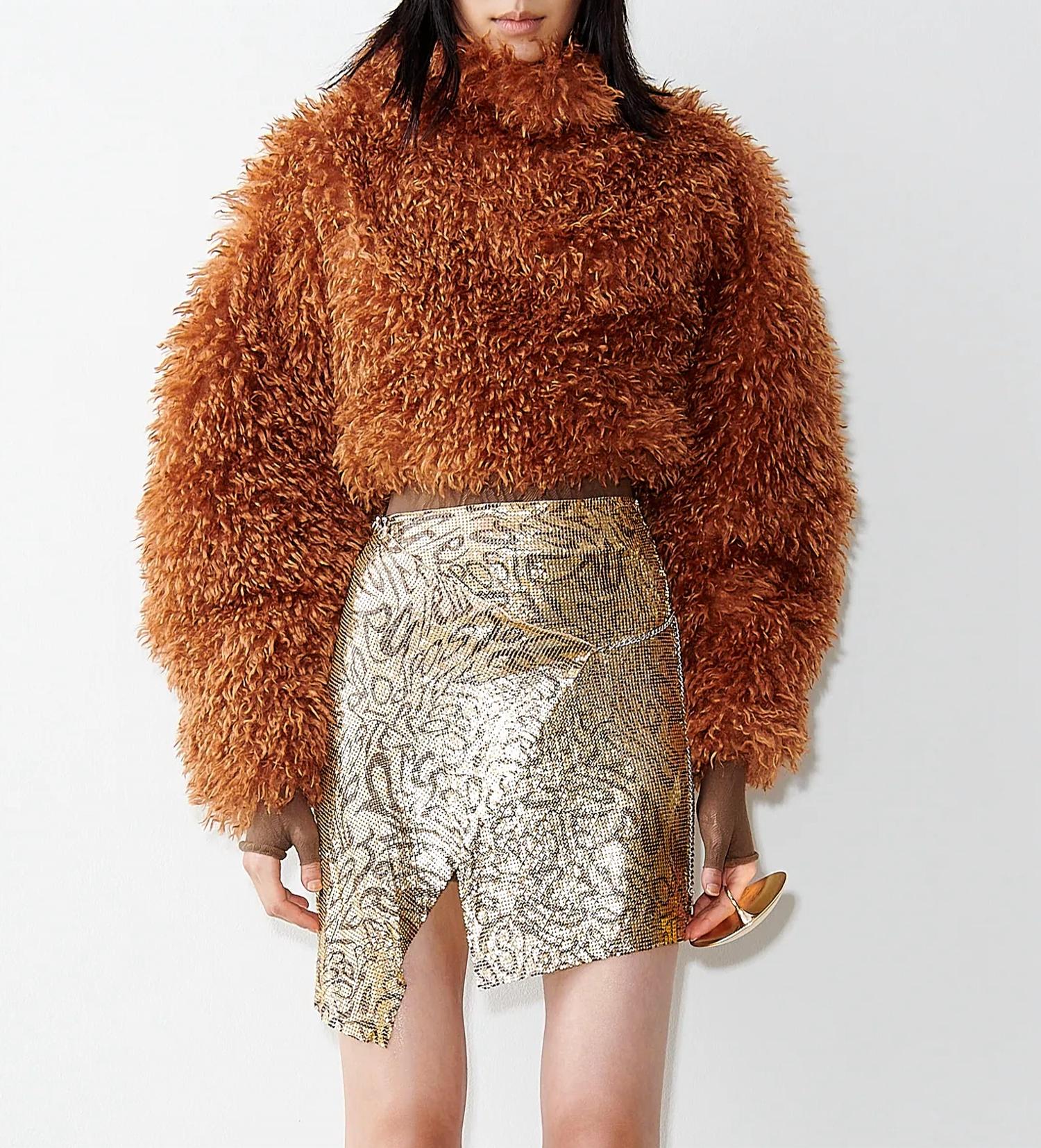 Belle Crop Faux Fur High Neck Sweater In Mocha