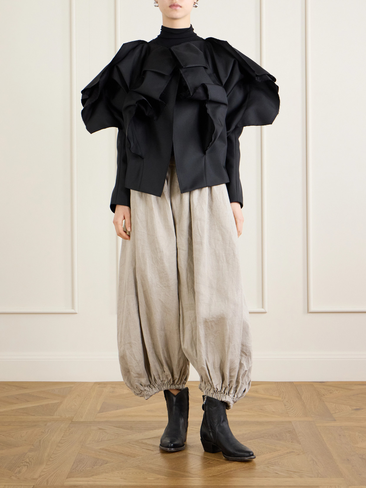 Ruffled Frayed Gabardine Jacket - Black