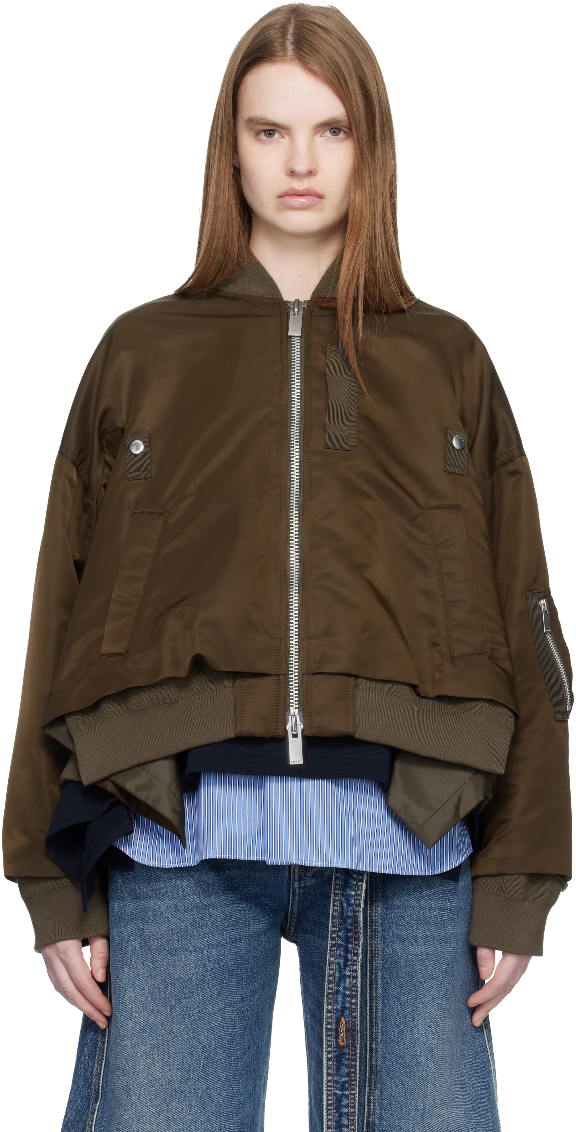 Brown Nylon Twill Bomber Jacket