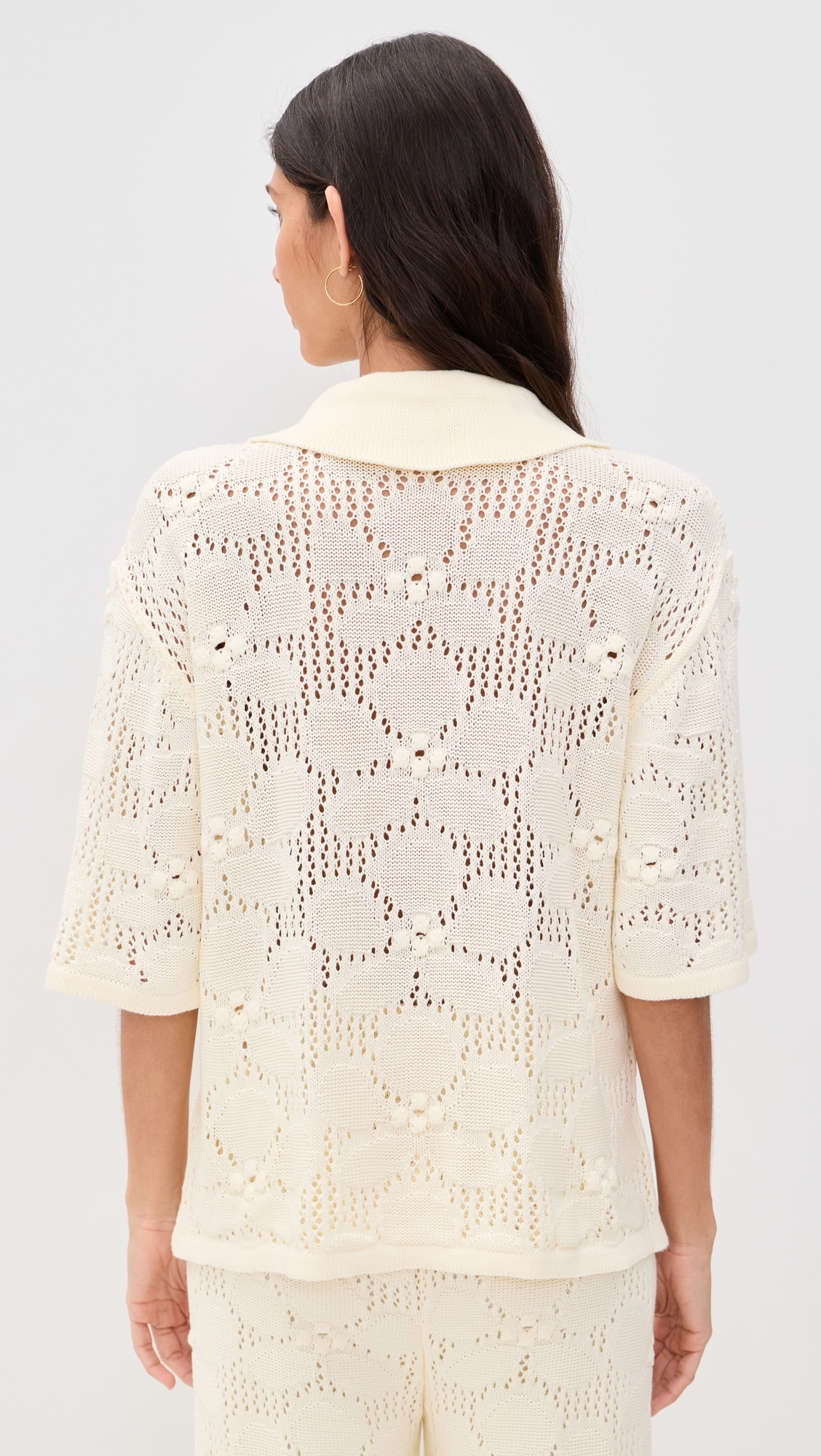 Floral Crochet Short Sleeve Shirt Beige Shell