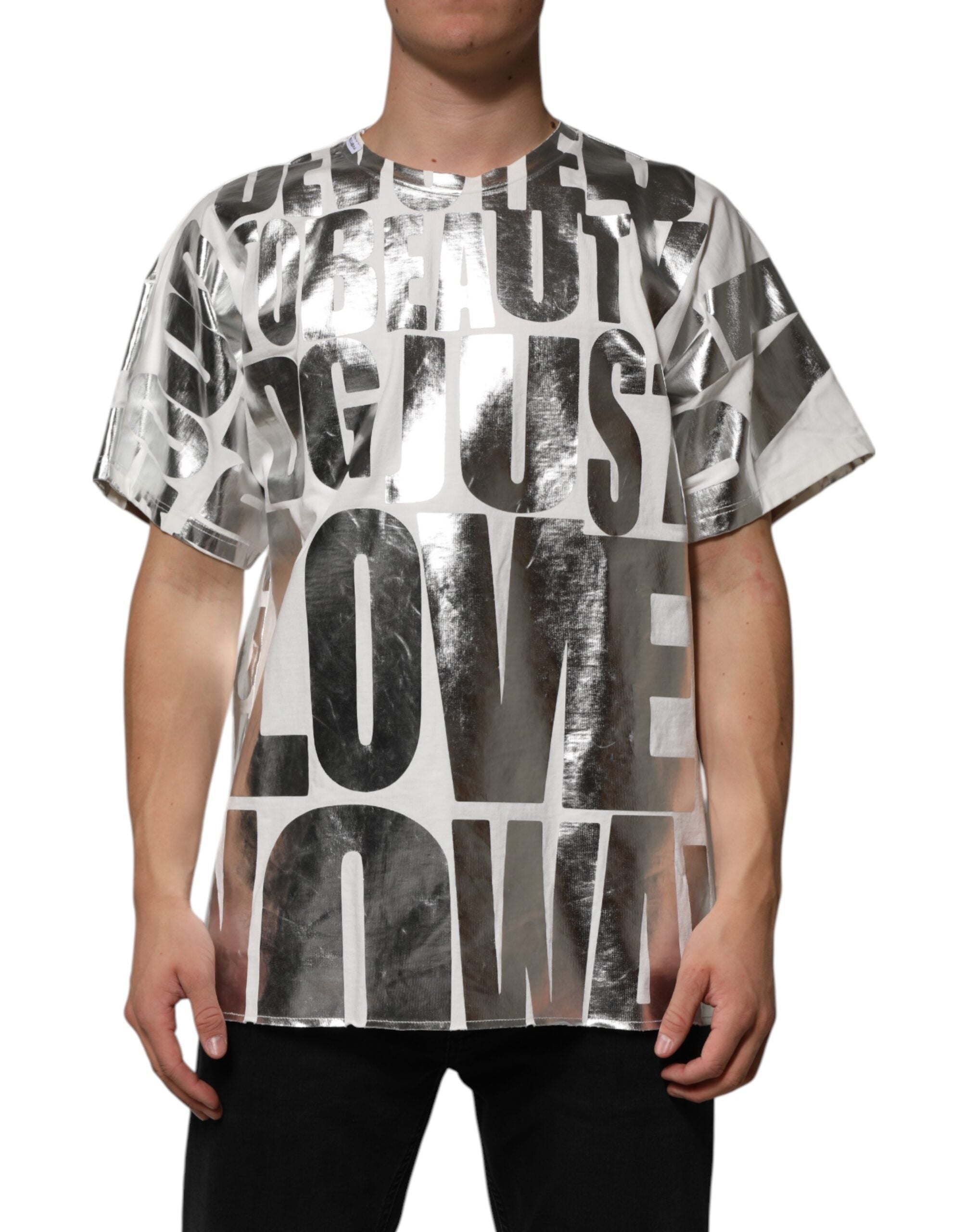 Silver Metallic Slogan Print T-Shirt — White