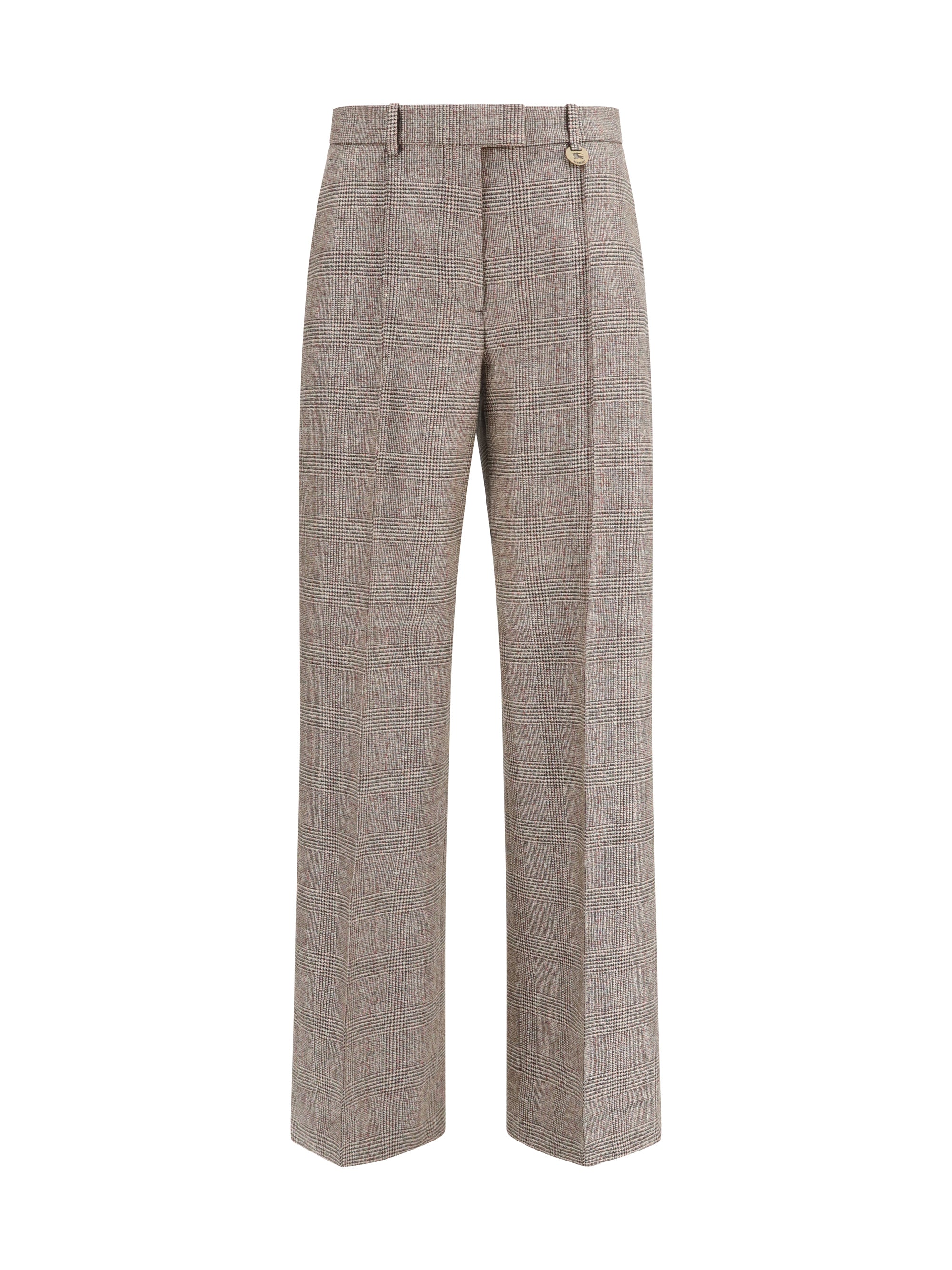 Checked Wool-Linen Blend Trousers — Beige