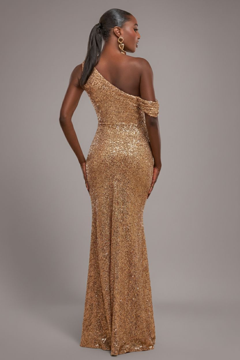 Sequin Cowl One Shoulder Maxi Dress