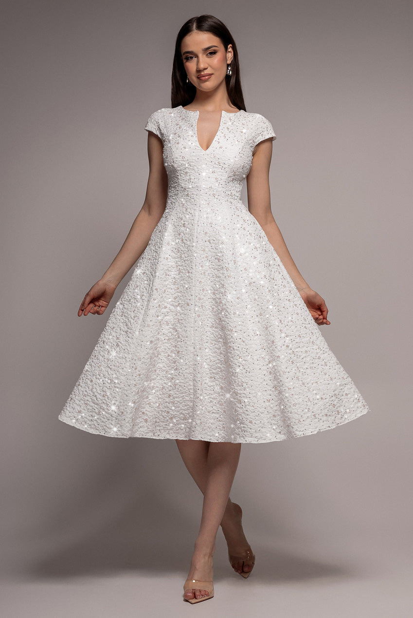Goddiva Bead Embellished Jacquard A Line Midi Dress - White