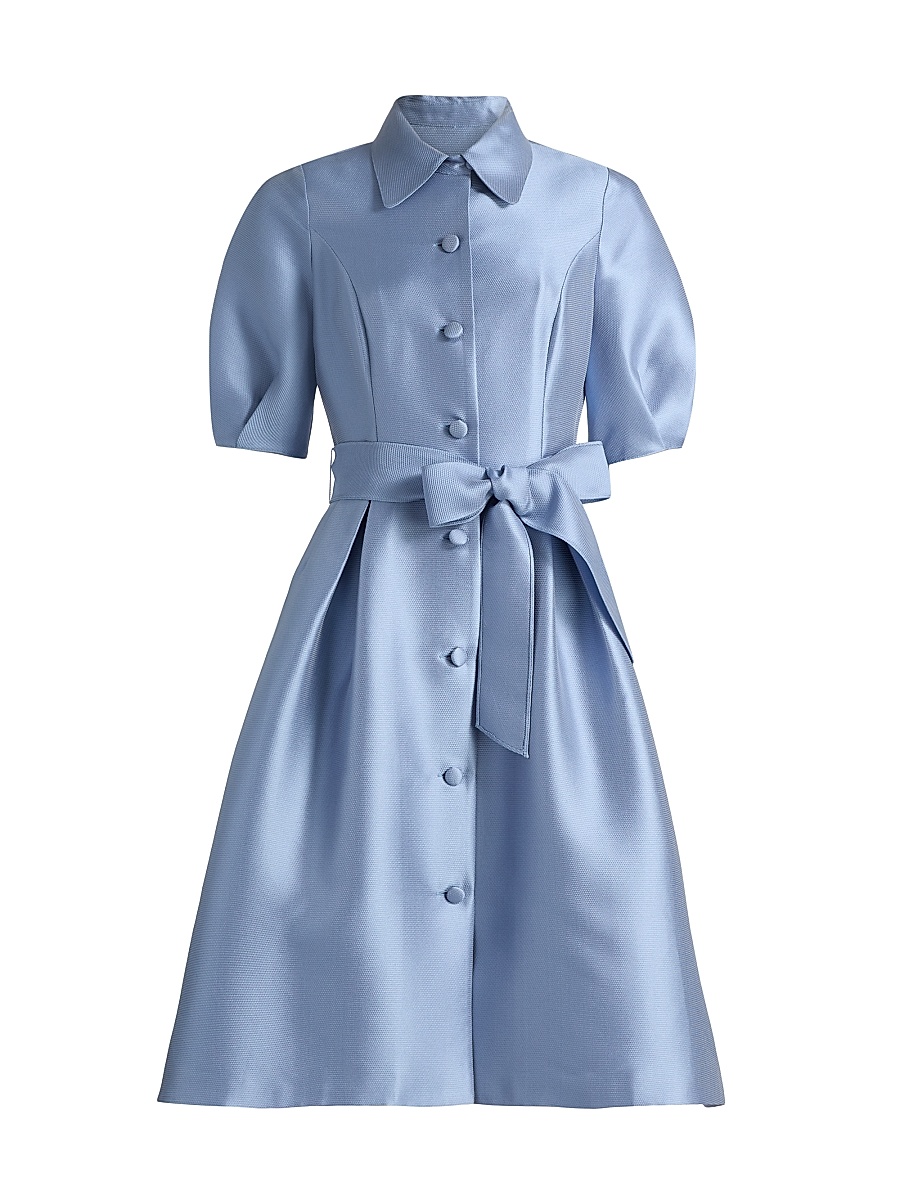 Women's Tie-Waist Faille Knee-Length Shirtdress - Powder Blue