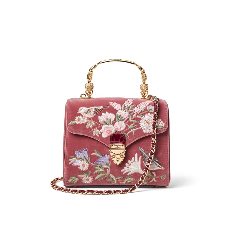 Midi Mayfair Embroidered Bag in English Garden Bird Hand Embroidery on Velvet
