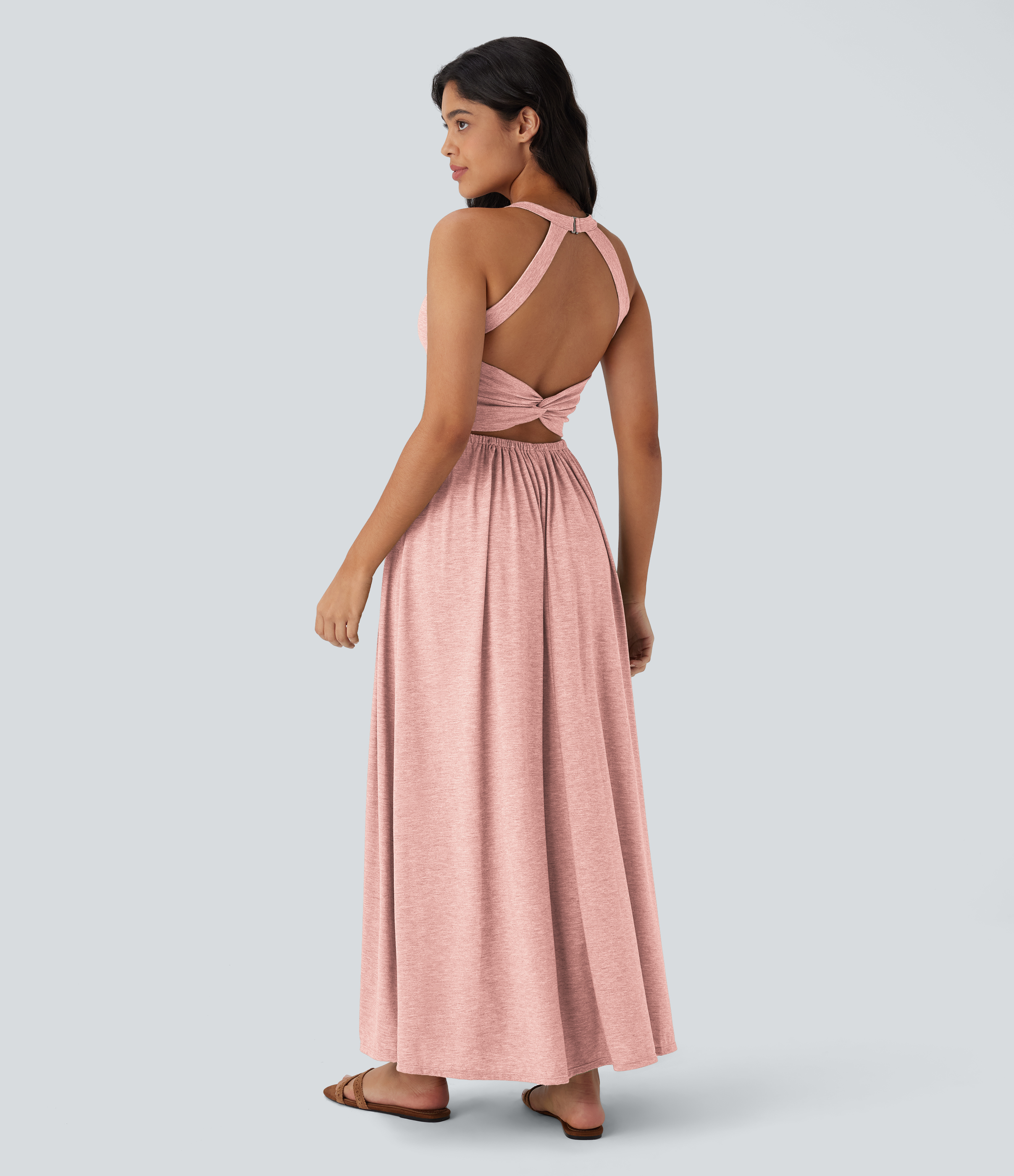 Twisted Backless Split Flowy Maxi Resort Dress with Pockets Casual Dress - Creole Pink Floral Yarn