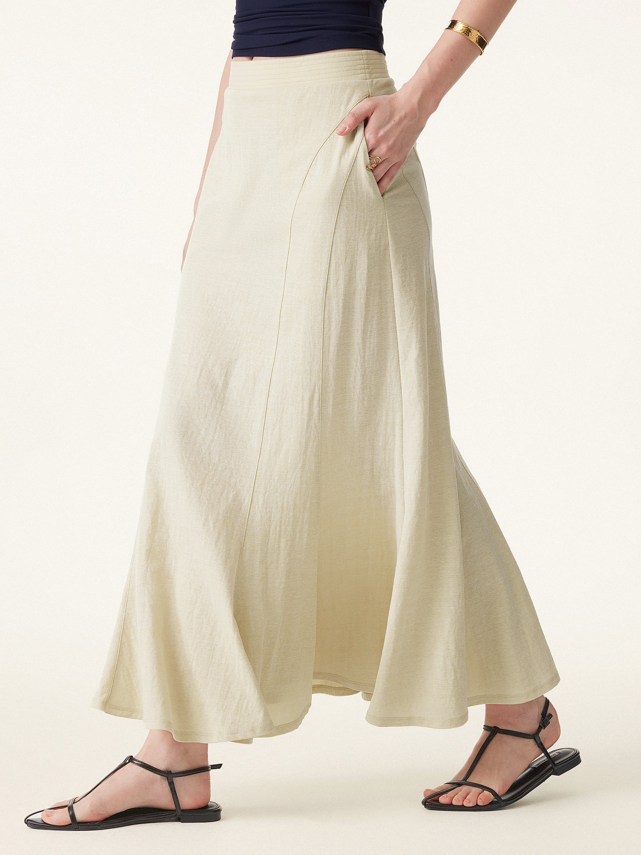 Wrinkle-resistant Cotton-linen Pull-on Midi Skirt - Ash Ivory
