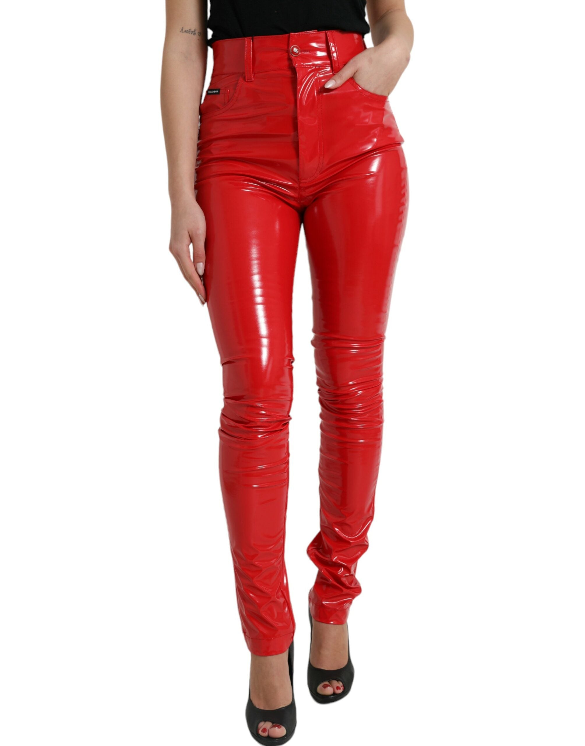 Shiny Polyester High-Waist Skinny Trousers — Red