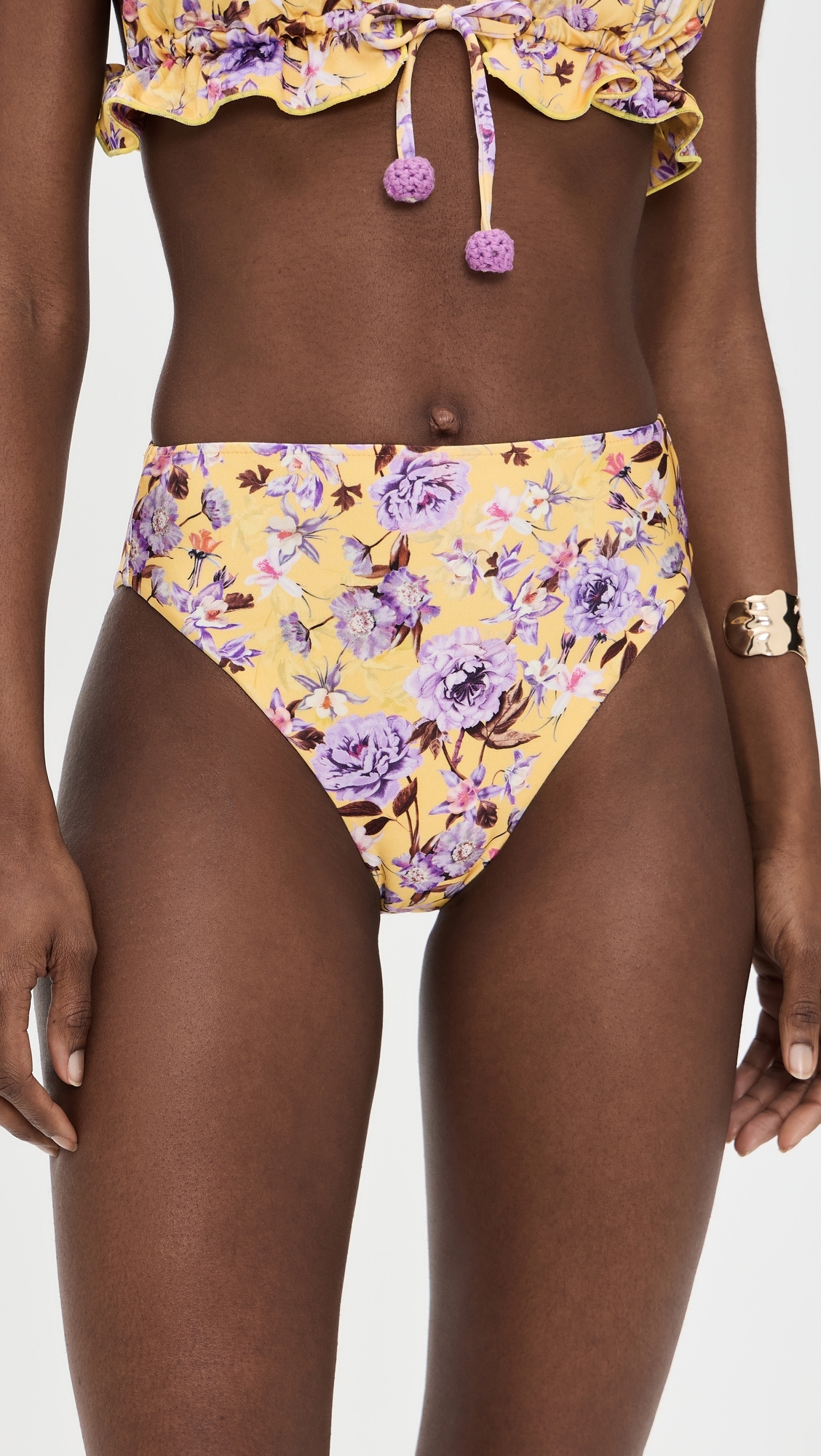 Peony Print Lycra High Waist Bikini Bottoms Yellow