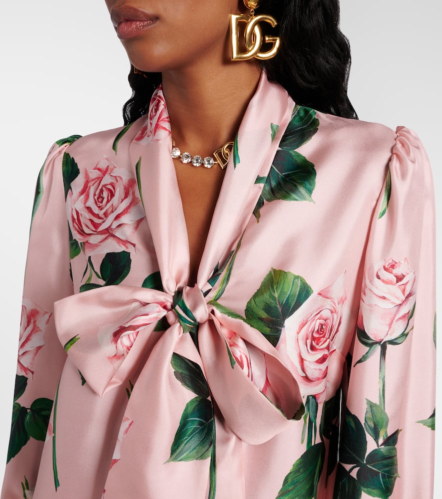 Floral tie-neck silk satin blouse