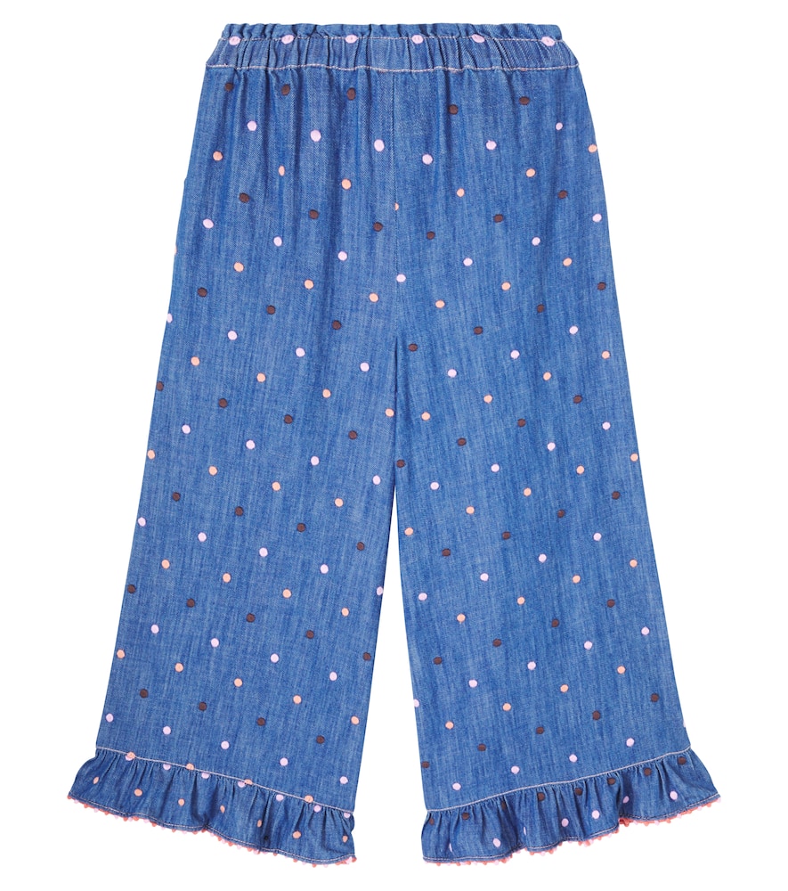 Embroidered polka-dot denim pants