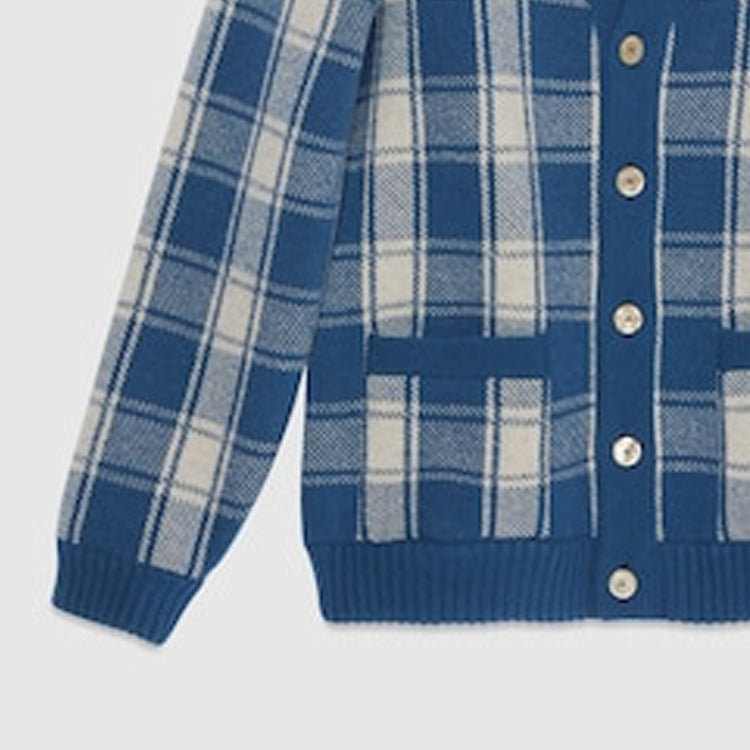 Reversible Checked Wool Cardigan 'Blue Ivory'